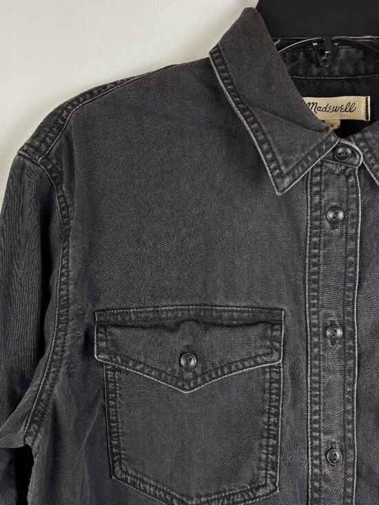 Medium Dark Gray Denim Shirt Button Up Cuff Collared Western Cowgirl Distressed - Picture 6 of 12